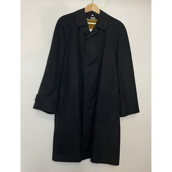 Jordan Marsh Black Button Up Trench Coat Jacket Plaid Print Fur Vest Lined VTG - Picture 1 of 11